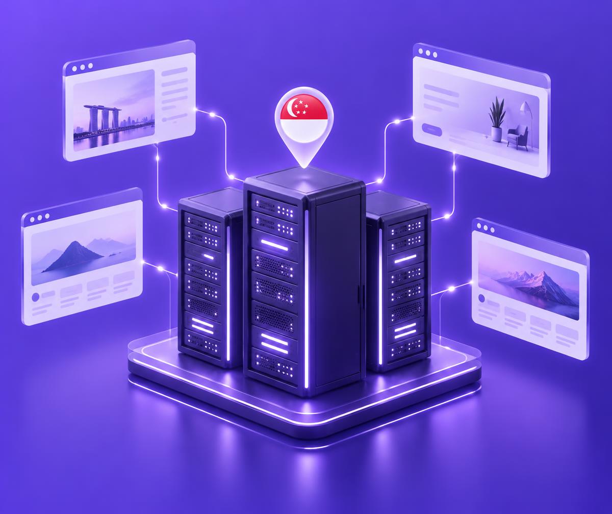 Ilustrasi rak server Fastest Host di Singapura yang terhubung ke beberapa website
